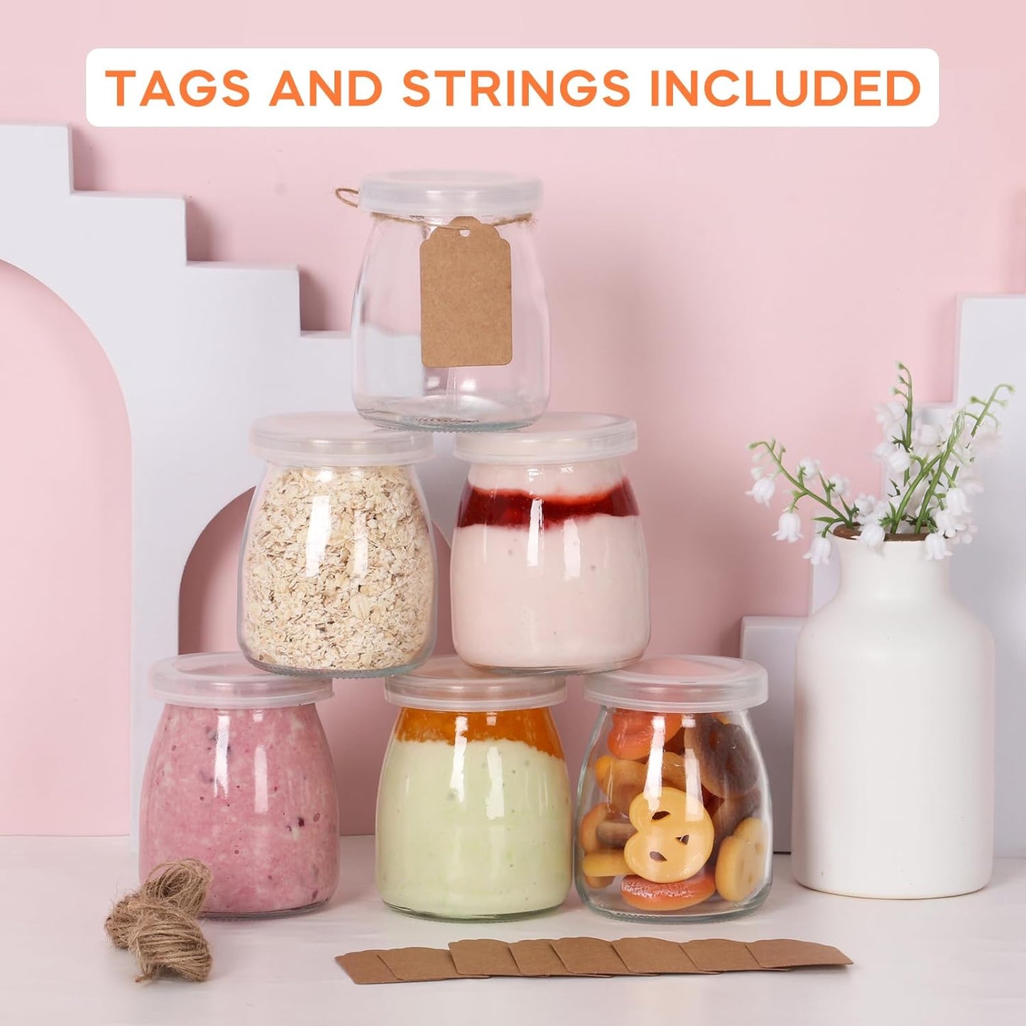 6.7Oz Small Glass Jars 20Pack, Clear Glass Pudding Jars with PE Lids and Tags, Spice Jars/Glass Jelly Jars/Yogurt Jars/Candle Containers/Small Jars with Lids (Set of 20)