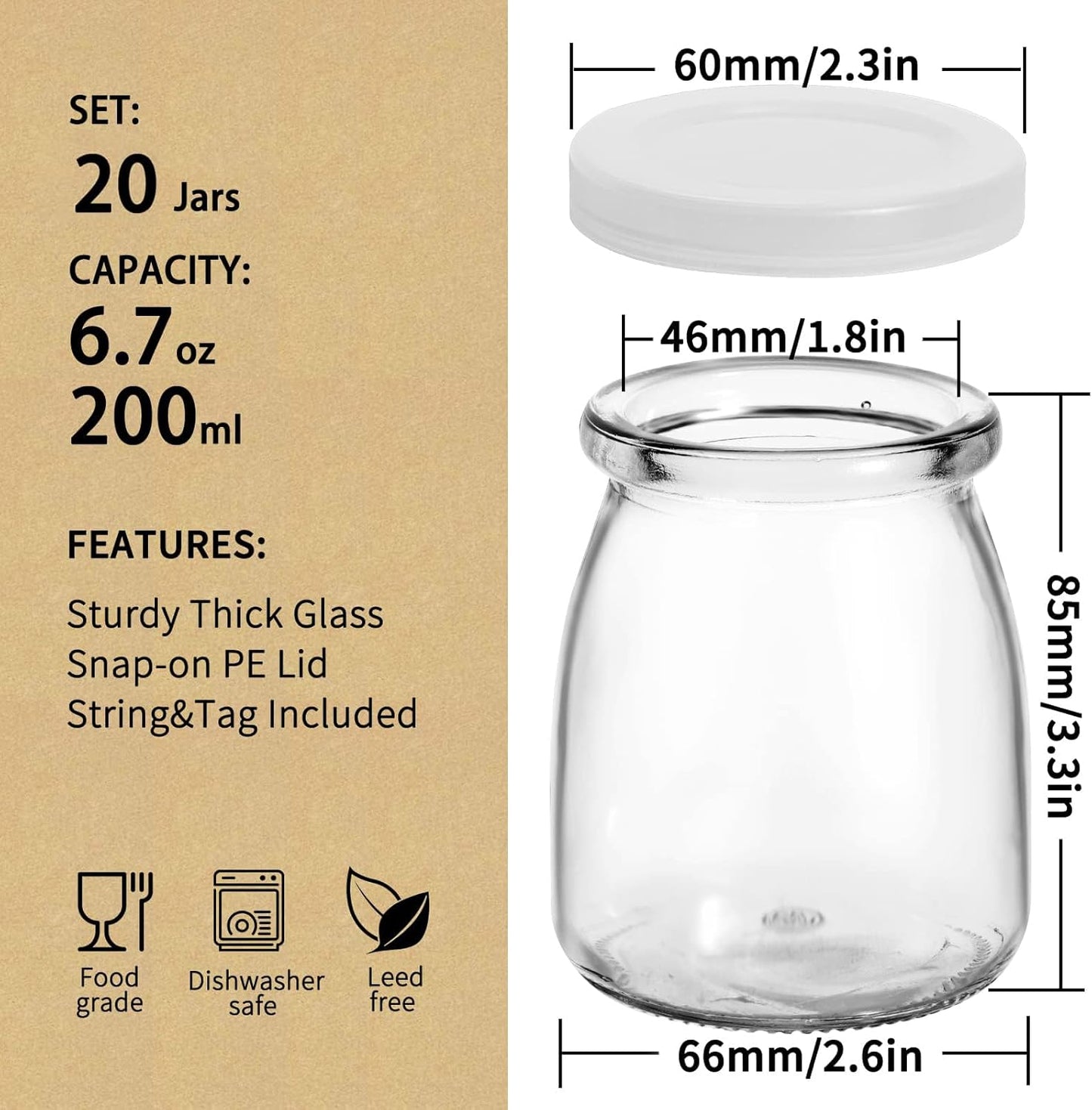 6.7Oz Small Glass Jars 20Pack, Clear Glass Pudding Jars with PE Lids and Tags, Spice Jars/Glass Jelly Jars/Yogurt Jars/Candle Containers/Small Jars with Lids (Set of 20)