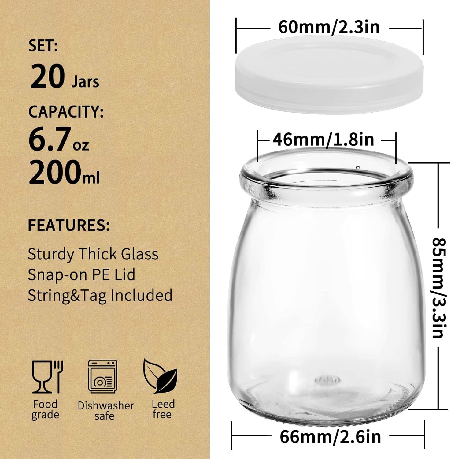 6.7Oz Small Glass Jars 20Pack, Clear Glass Pudding Jars with PE Lids and Tags, Spice Jars/Glass Jelly Jars/Yogurt Jars/Candle Containers/Small Jars with Lids (Set of 20)