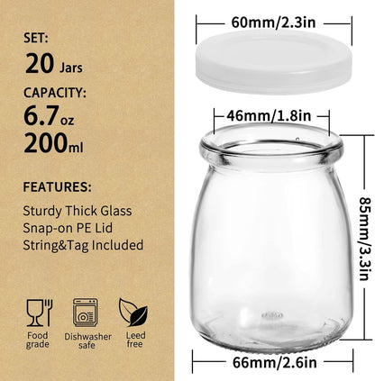 6.7Oz Small Glass Jars 20Pack, Clear Glass Pudding Jars with PE Lids and Tags, Spice Jars/Glass Jelly Jars/Yogurt Jars/Candle Containers/Small Jars with Lids (Set of 20)