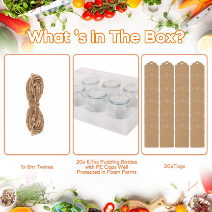 6.7Oz Small Glass Jars 20Pack, Clear Glass Pudding Jars with PE Lids and Tags, Spice Jars/Glass Jelly Jars/Yogurt Jars/Candle Containers/Small Jars with Lids (Set of 20)