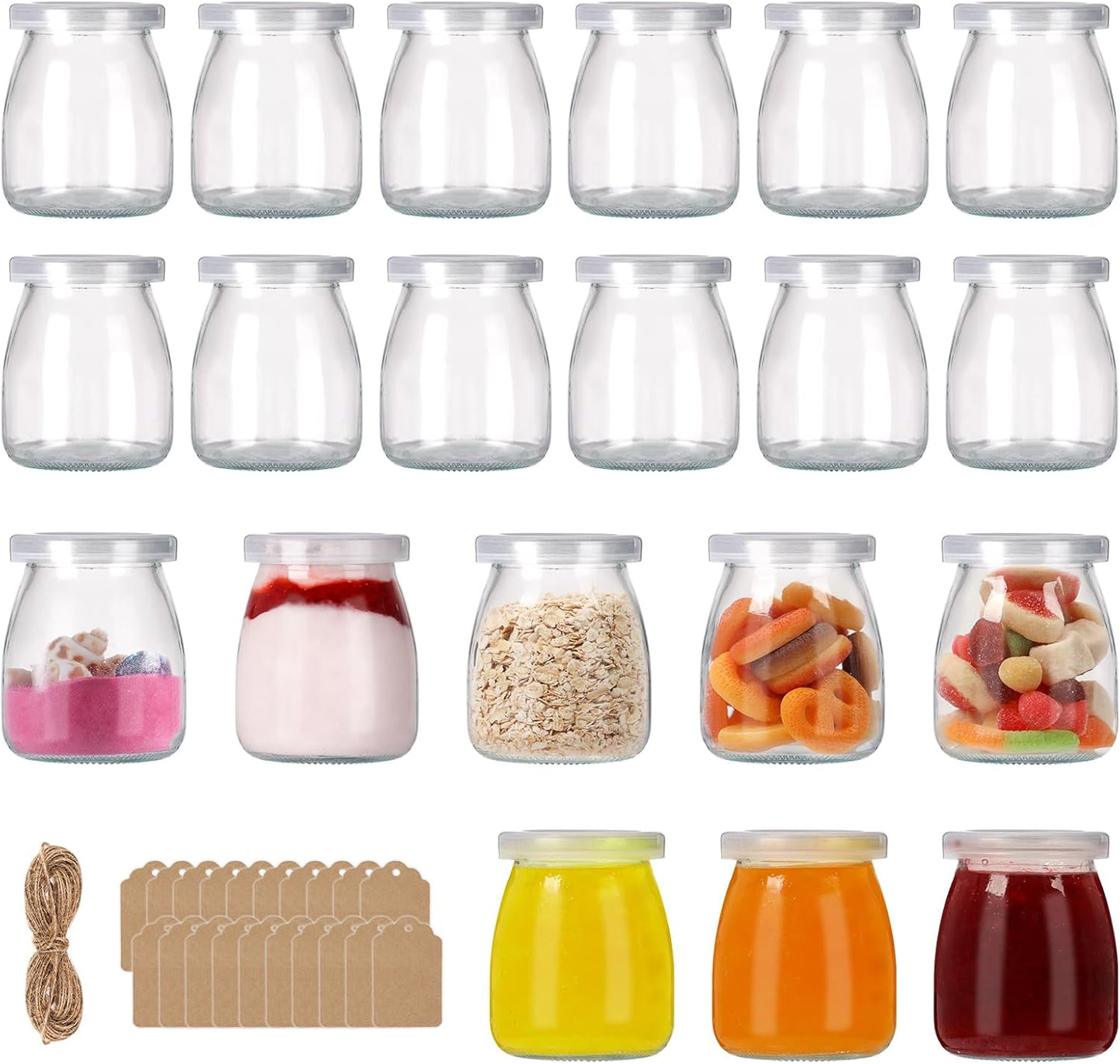 6.7Oz Small Glass Jars 20Pack, Clear Glass Pudding Jars with PE Lids and Tags, Spice Jars/Glass Jelly Jars/Yogurt Jars/Candle Containers/Small Jars with Lids (Set of 20)