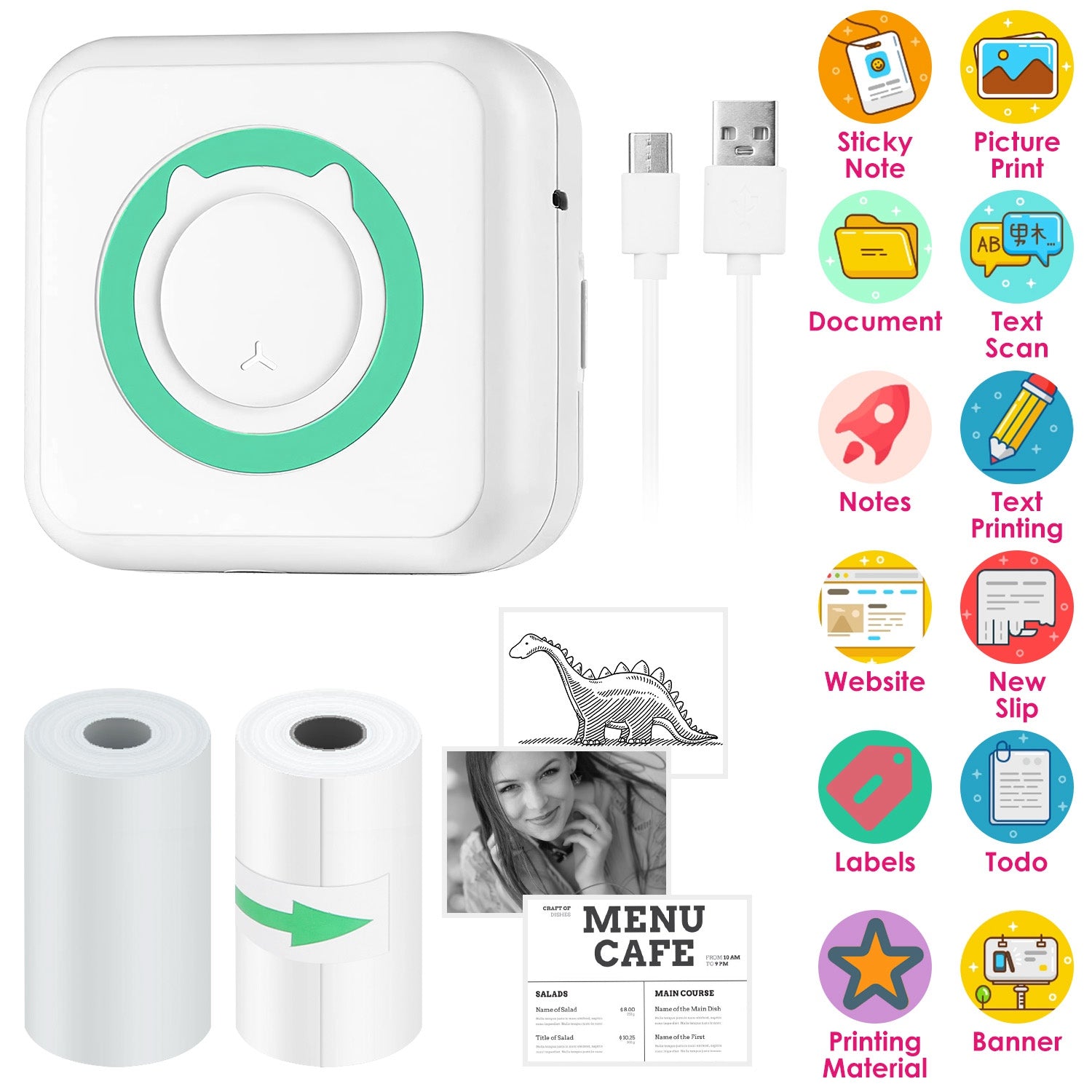 Mini Printer - Printer Paper 'Options' -- Pocket Wireless Thermal Printer Portable Mini Sticker Maker Machine Rechargeable Inkless Photo Printer for Printing Label Journal Study Notes Memo Photos