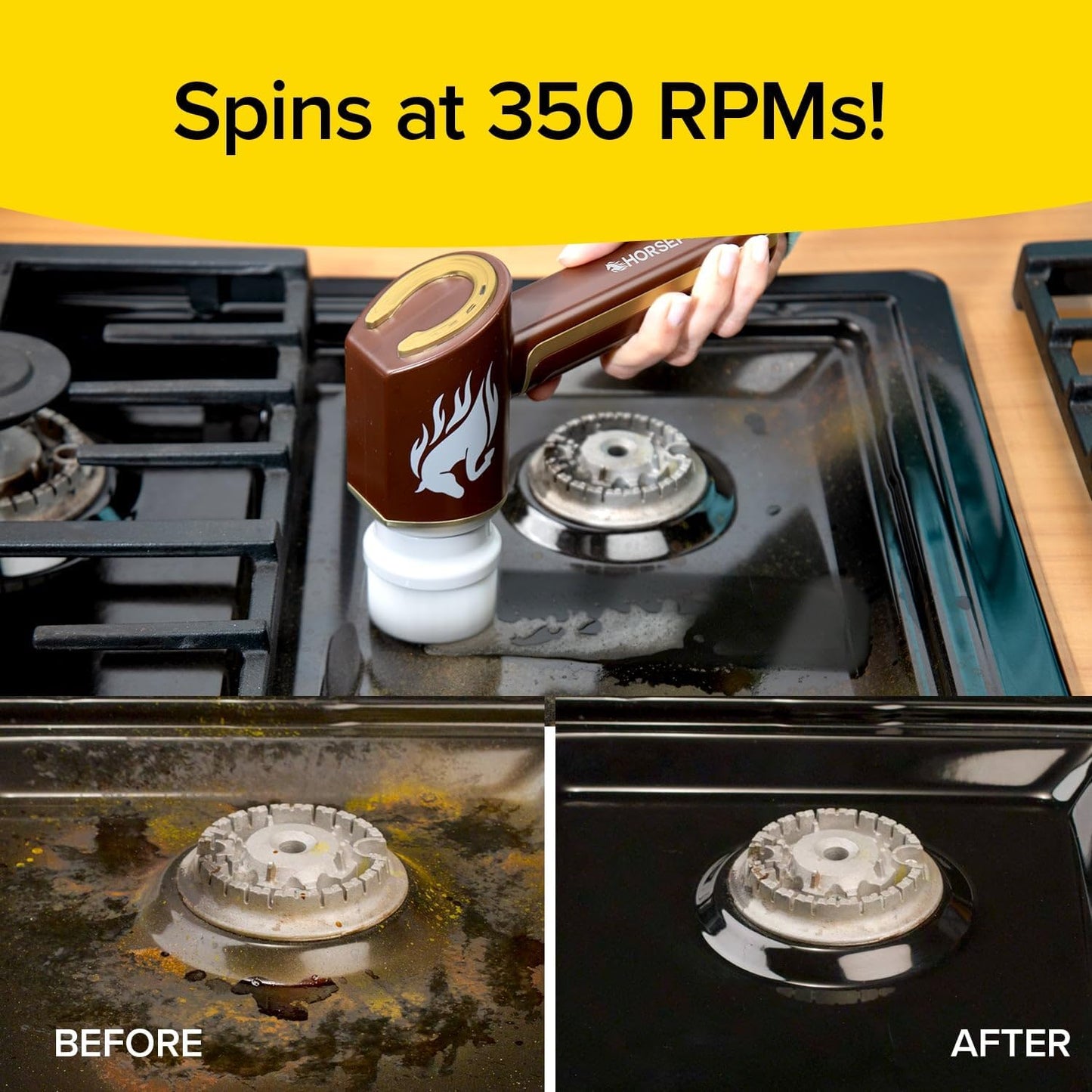 Horsepower Scrubber Gold Edition, Longer Battery Life, Electric Power, Rechargeable, Spins 350 RPM, Waterproof, 5 Brush Heads, as SEEN on TV, Cleans Dirt & Grime: Bathrooms, Kitchen, Indoors/Outdoors