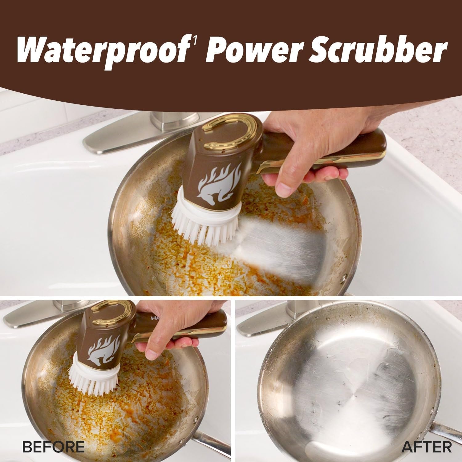 Horsepower Scrubber Gold Edition, Longer Battery Life, Electric Power, Rechargeable, Spins 350 RPM, Waterproof, 5 Brush Heads, as SEEN on TV, Cleans Dirt & Grime: Bathrooms, Kitchen, Indoors/Outdoors