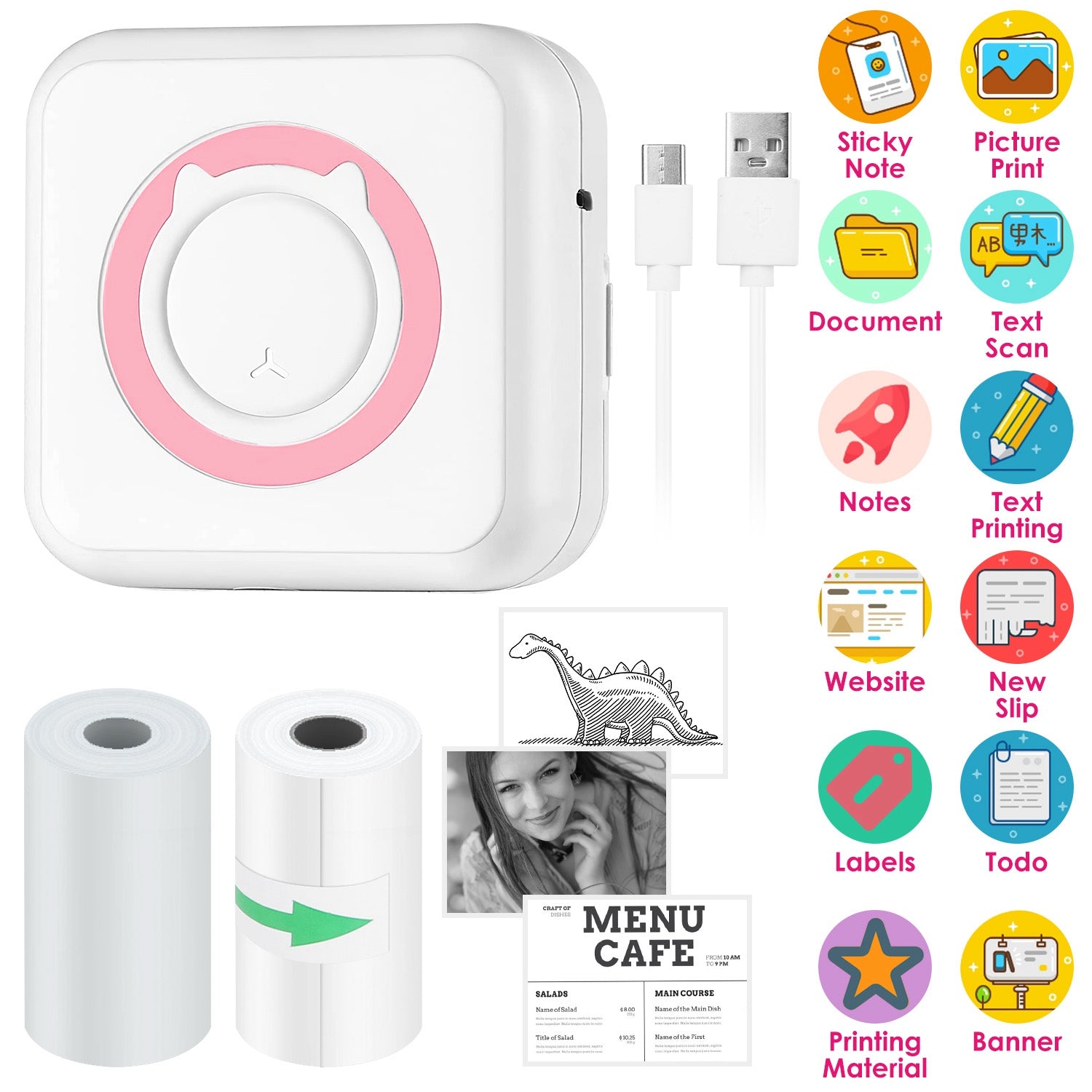 Mini Printer - Printer Paper 'Options' -- Pocket Wireless Thermal Printer Portable Mini Sticker Maker Machine Rechargeable Inkless Photo Printer for Printing Label Journal Study Notes Memo Photos