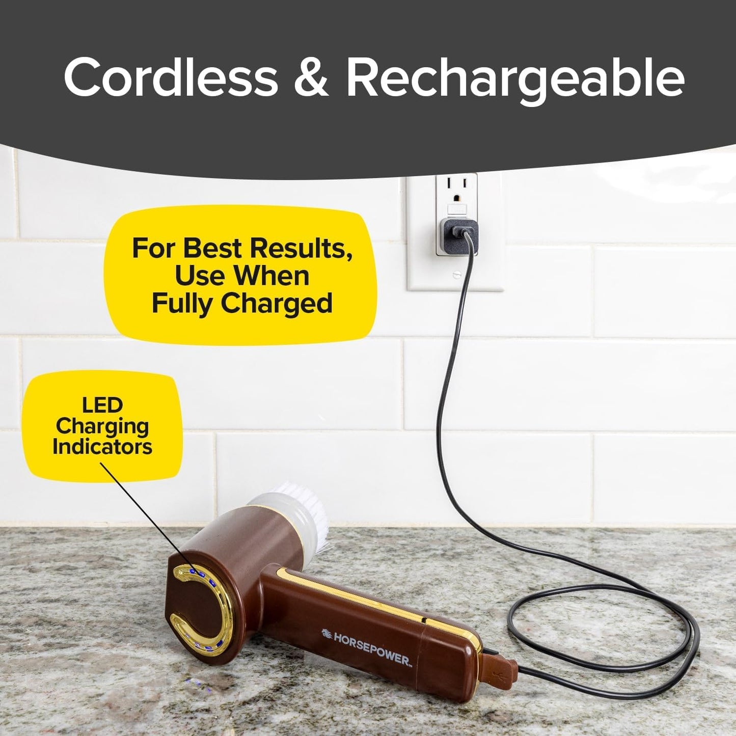 Horsepower Scrubber Gold Edition, Longer Battery Life, Electric Power, Rechargeable, Spins 350 RPM, Waterproof, 5 Brush Heads, as SEEN on TV, Cleans Dirt & Grime: Bathrooms, Kitchen, Indoors/Outdoors